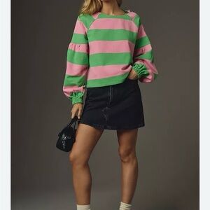 Maeve-Anthropologie French Terry Cotton Striped Sweatshirt-Green and Pink